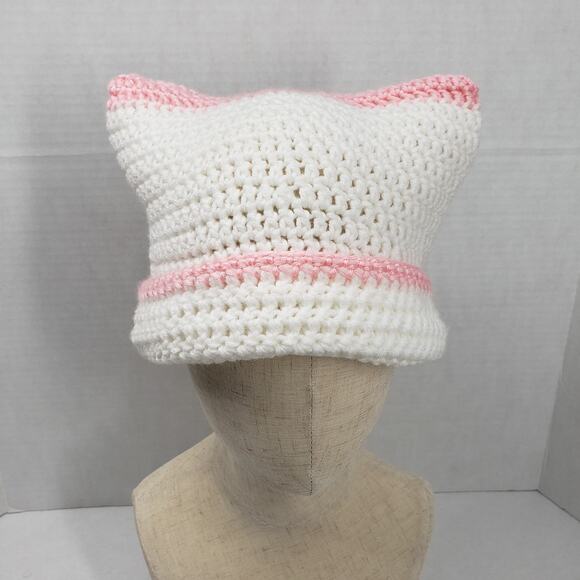 Cat Ear Beanie Crochet Hat White Pink Stripe Handmade Knit Kitty Soft Winter - Picture 1 of 16